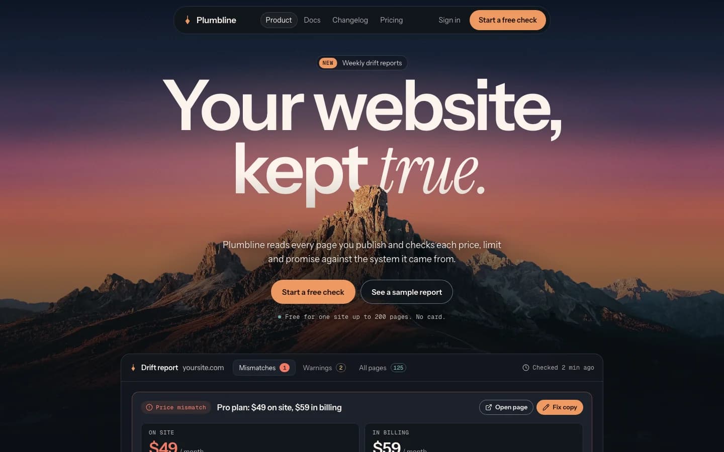 Launchday paid template home page, shown with a demo product: a mountain ridge rises through the headline "Your website, kept true." above a live product panel