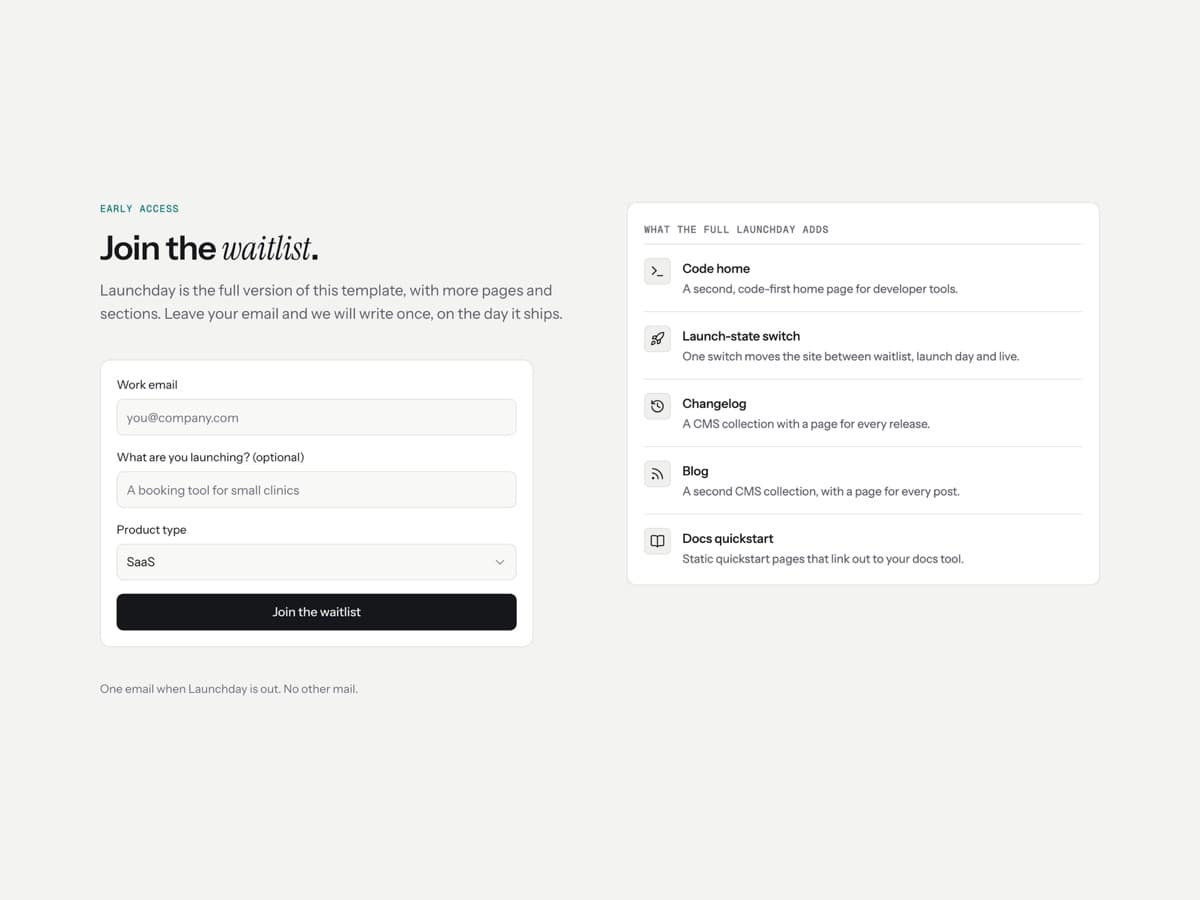 Launchday Lite waitlist form with the list of what the full Launchday adds